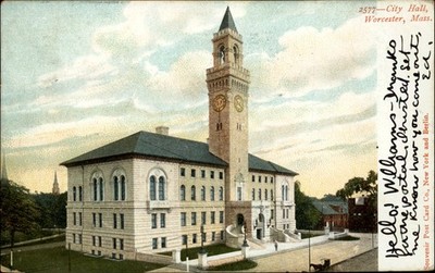 Worcester Massachusetts City Hall clock tower mailed 1906 UDB vintage postcard