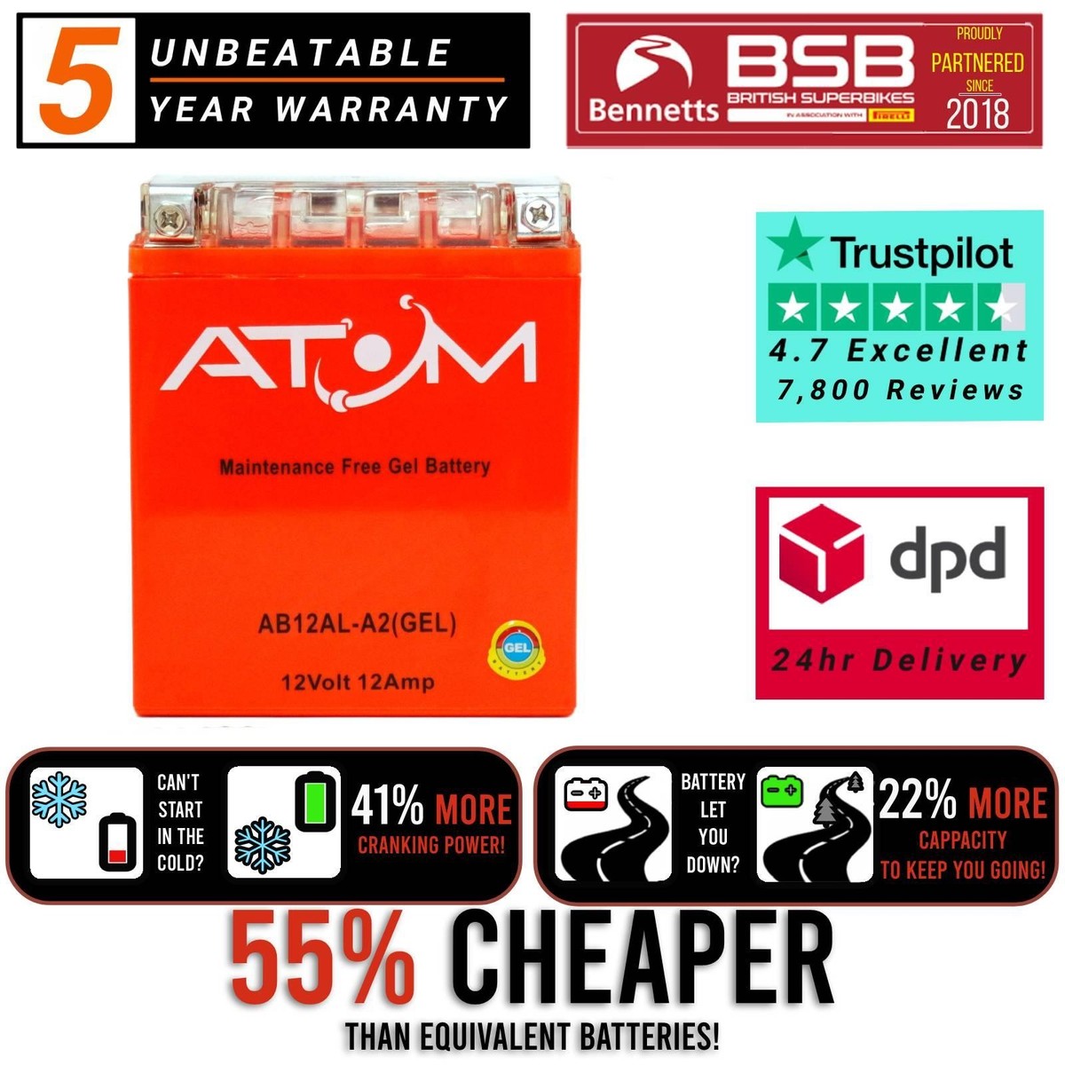 Atom AB12AL-A2 Gel Motorcycle Battery for BMW F 650 GS Dakar 04-07