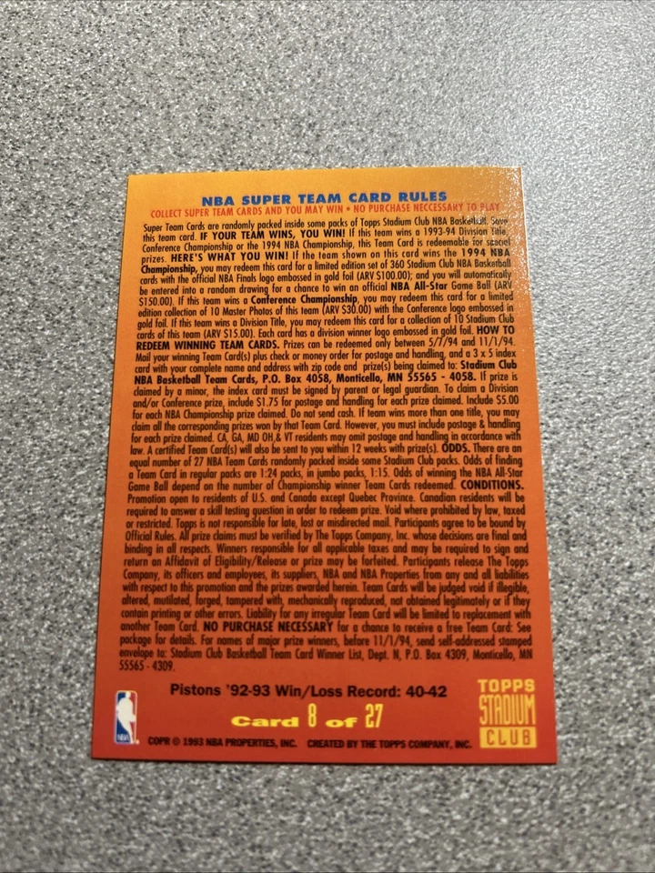 Vtg 1993-94 NBA Topps Stadium Club “Super Teams” Card #8 DETROIT PISTONS NM/M SP - Image 2 of 2