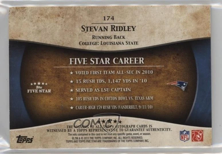 2011 Topps Five Star Gold /55 Stevan Ridley #174 RPA Rookie Patch Auto RC - Image 2 of 2