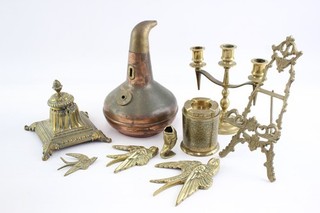 Collection of Vintage Brass Desk Items Inc Whisky Copper Still and Inkwell 3375g