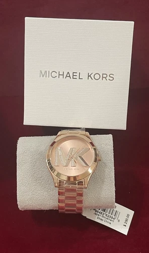 Orologio Michael Kors Slim Runway Pave Cristalli Quadrante Logo MK Cinturino Oro Rosa