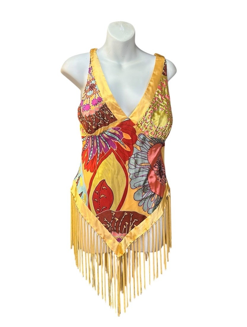 Vintage Y2K Cache Yellow Multicolored Silk Beaded Floral