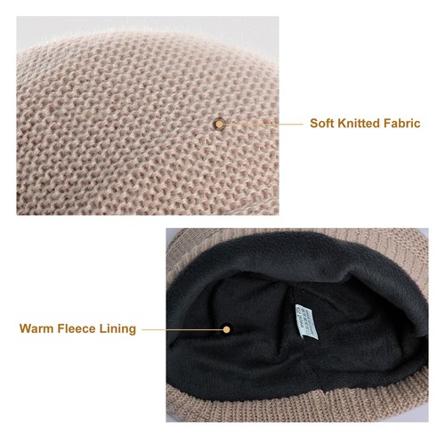 Women's Fleece Lined Knitted Hat Visor Brim Winter Slouchy Cable Newsboy Cap - Picture 2 of 6