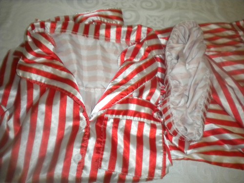 UNBRANDED 2 PC PAJAMAS SZ M RED-ORANGE AND WHITE STRIPED SATIN BOX01 - Picture 5 of 5