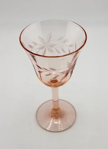 1 RARE GORGEOUS Vintage Stemed Pink Depression Cordial Glass Needle Etched