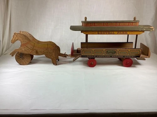 1870s-90s REED LITHO PAPER ON WOOD TOY CENTRAL PARK 2 HORSE  LILIPUTIAN RAILWAY