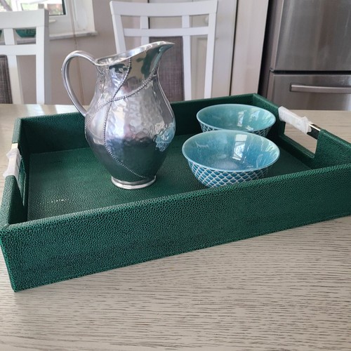 Extra Large Serving Tray metal Handles Elegant Green Faux Leather Shagreen new - Picture 3 of 9