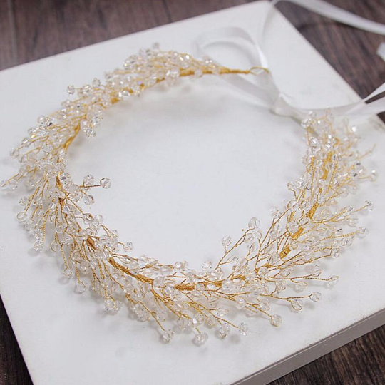 Bridal gold crystal 【クーポン対象外】 柔らかな質感の hair wreath beaded