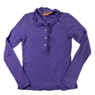 Tory Burch Lidia Purple Long Sleeve Ruffle Polo Shirt Small Preppy Twee Logo