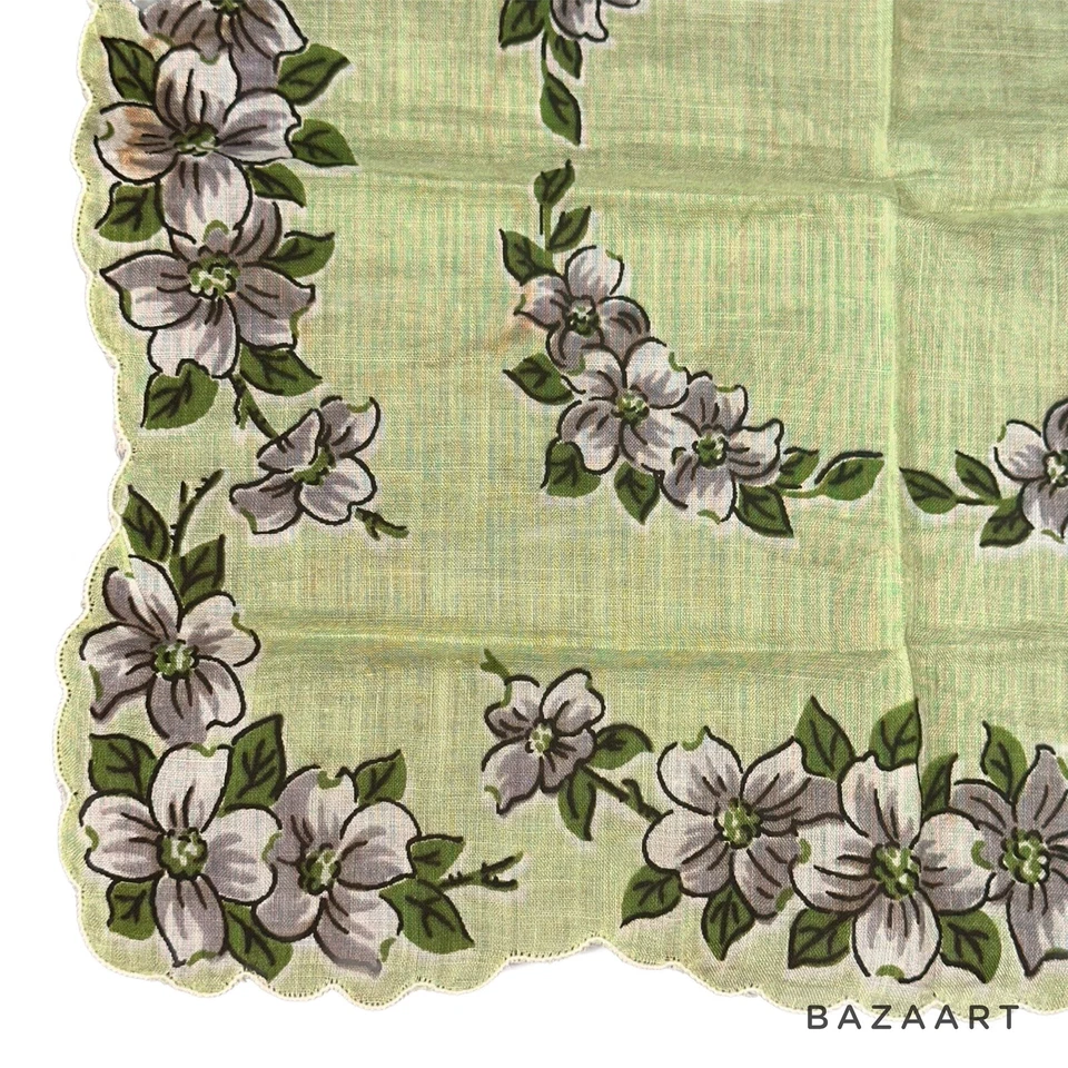 Pañuelo vintage verde gris lino floral borde festoneado pañuelo 11,5" LEER Foto 2 de 4