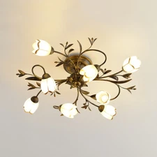 Vintage Style Wrought Iron Chandelier Semi Flush Mount Light with Flower Shade