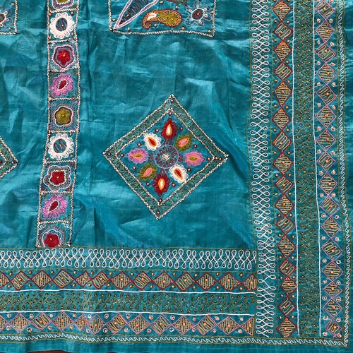 Beaded Embroidered Silk Scarf Dupatta Ornate Cloth 89x40 Turquoise Blue Vtg Long - Picture 6 of 12