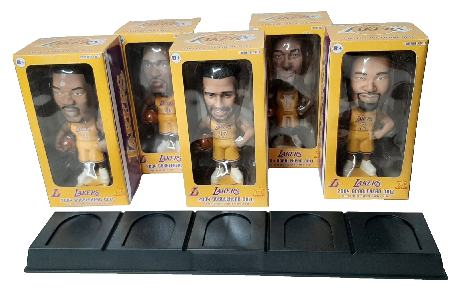 2004 Gold Los Angeles Lakers Carl's Jr Bobbleheads Set of 5 With Display Stand