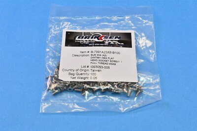 100 Brikksen Flat Socket Head Screw Stainless Steel DIN 7991 A2 M3-.50 X 8 