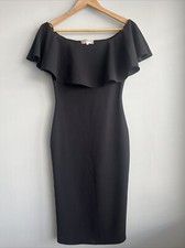 VOULEZ VOUS BLACK BARDOT BODYCON MIDI DRESS SIZE UK 10 VGC