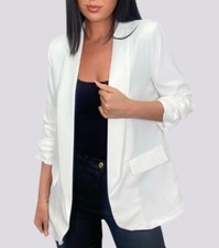 Womens Ladies Ruched Sleeve Fully Lined Blazer Collared Casual Formal Jacket Top