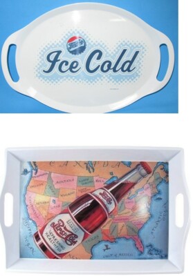 Pair of Pepsi Cola Serving Tray with Handles Ice Cold Pepsi Logo and USA Map 