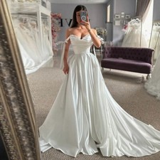 Off Shoulder Satin Wedding Dress Court Train Backless Pleated Ivory Bridal Gowns