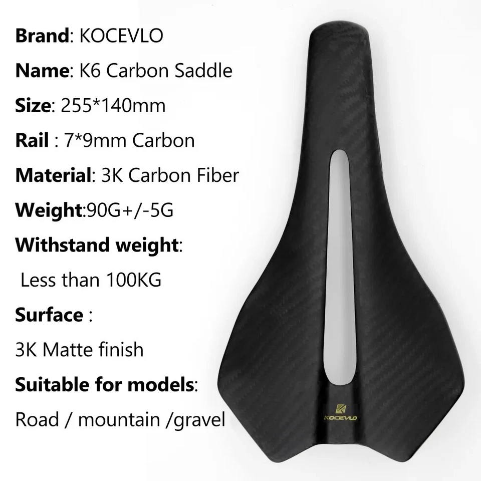 KOCEVLO Carbon Fiber Road Bike Saddle Ultralight 90g Integrated Seat Cushion - Image 2 of 4