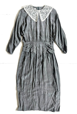 Vtg Byer Too! Grey Satin Ivory Lace Long Sleeve Drop Waist Secretary Dress Large