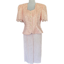 VTG 90s Leslie Fay Petites pink lace floral short sleeve blazer crepe skirt 8P