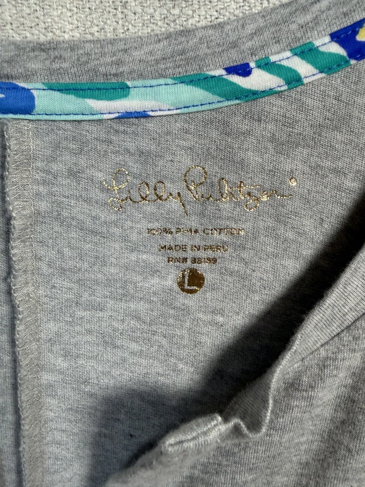 Vestido de dormir Lilly Pulitzer Henley tamanho L cinza pima algodão camisola manga 3/4 - Imagem 4 de 4