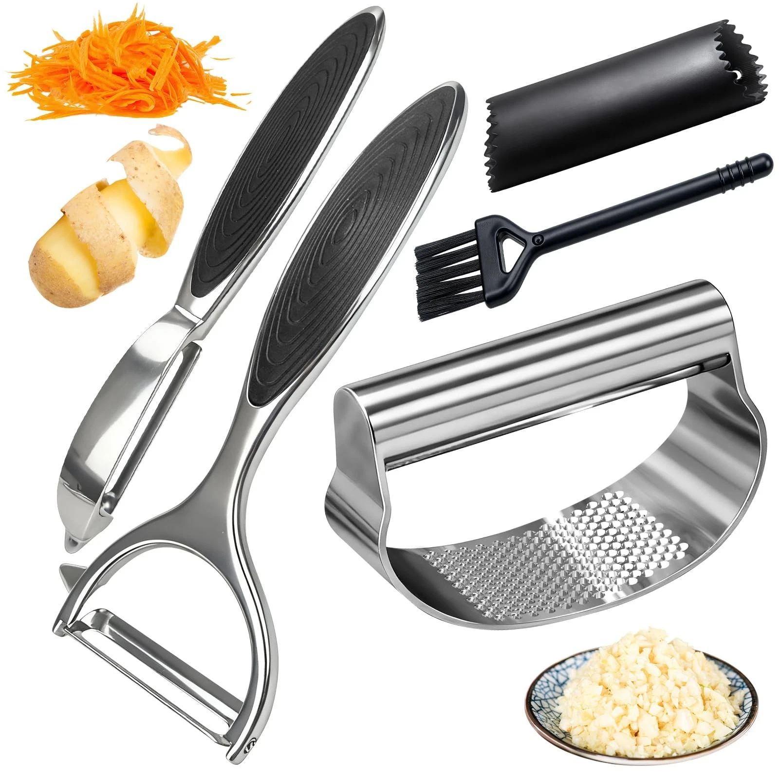 Garlic Press Rocker Set Stainless Steel And All-in-One Kitchen Vegetable Peel...