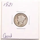 1921 10C Mercury Winged Liberty Silver Dime in Good Condition #7499