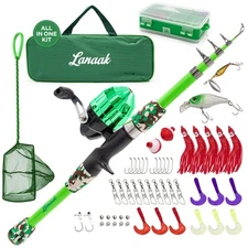 KIDS FISHING POLE Rod Reel Starter Kit Tackle Box Minnow Net Youth Green LANAAK