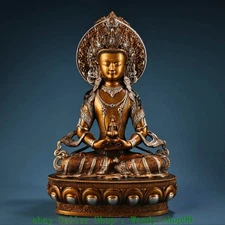 13.7"Old Tibet Buddhism  Bronze Gilt Sika Long Life longevity Buddha Statue