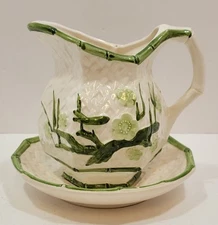 Vtg Inarco Mini 3.75" Pitcher and 5.5" Basin Set Japan Bamboo and Floral Design