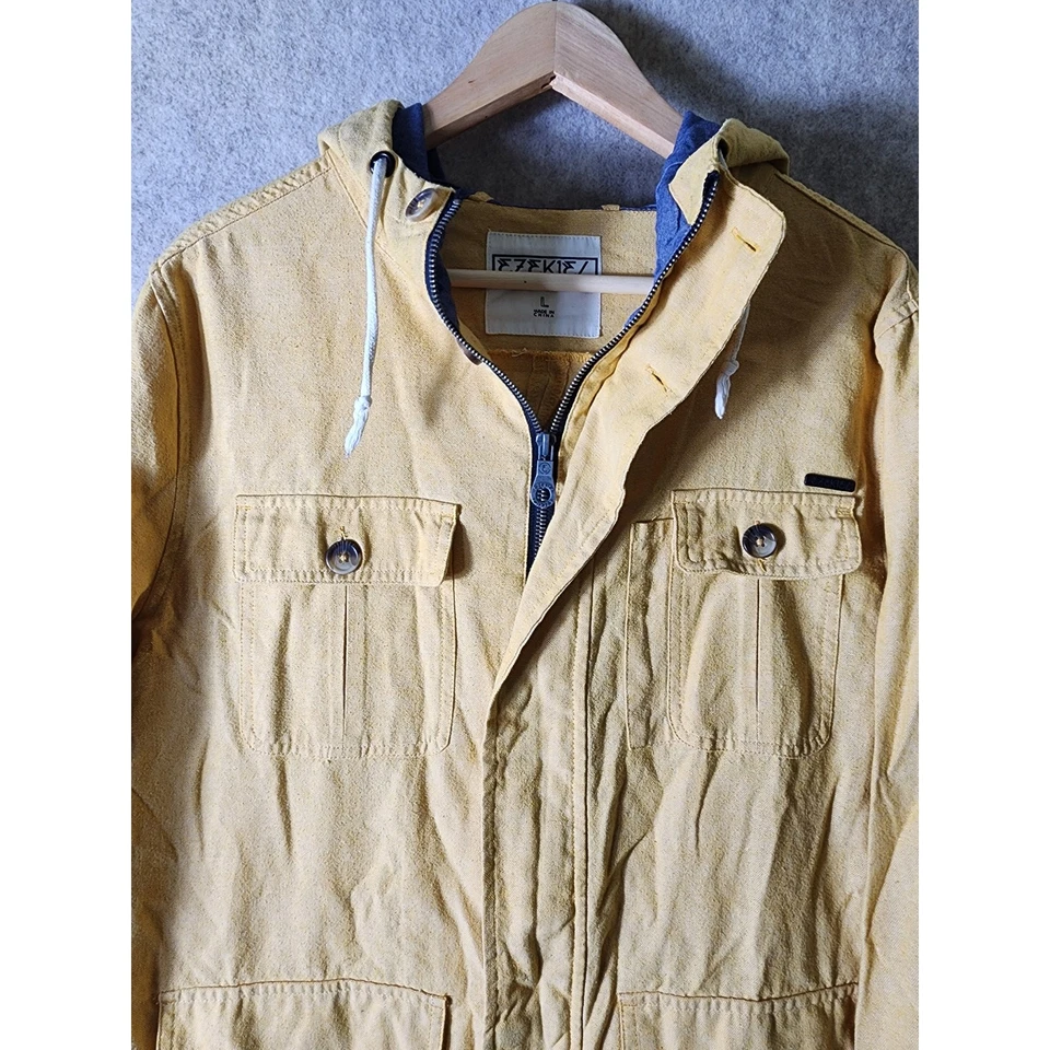 EZEKIEL Mustard Yellow Cotton Active Skater Snap Zip Street Hooded Jacket SZ L - Image 3 of 4