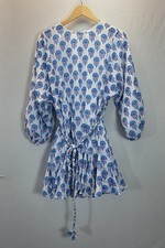 J Marie Dress Blue Block Print Floral A Line belted puff sleeve sz MD Boho