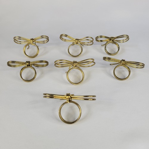 Lot Set 7 Gold Brass Bows Napkin Rings Holders Ribbon Tied Thick Metal Coquette - Picture 2 of 17