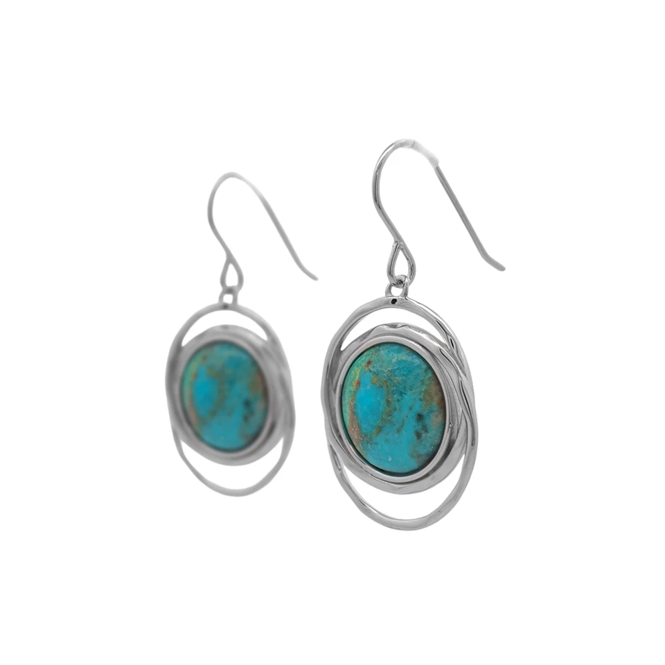 925 Silver Rhodium Plated Earrings Round Turquoise Stone Spiral Design - Image 2 of 4