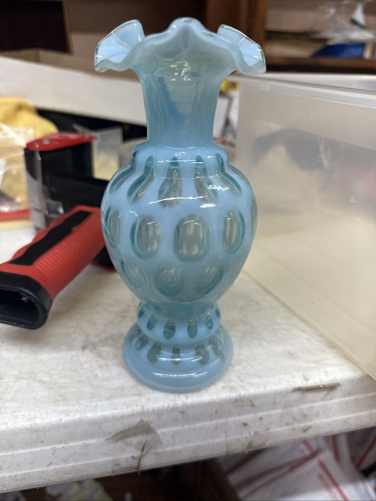 FENTON GLASS Coin Dot Opalescent Baby Blue Vase 6.5” Ruffled Top