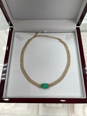 17.46tcw Colombian Emerald Diamond 7.7MM Cuban Link Choker Necklace Gold 18K