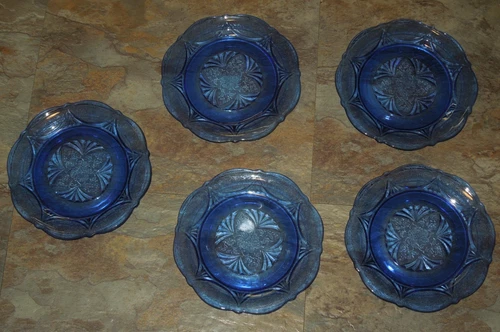 Lot Of 5 Hazel-Atlas Royal Lace Cobalt Blue 6" Bread & Butter Depression Plates