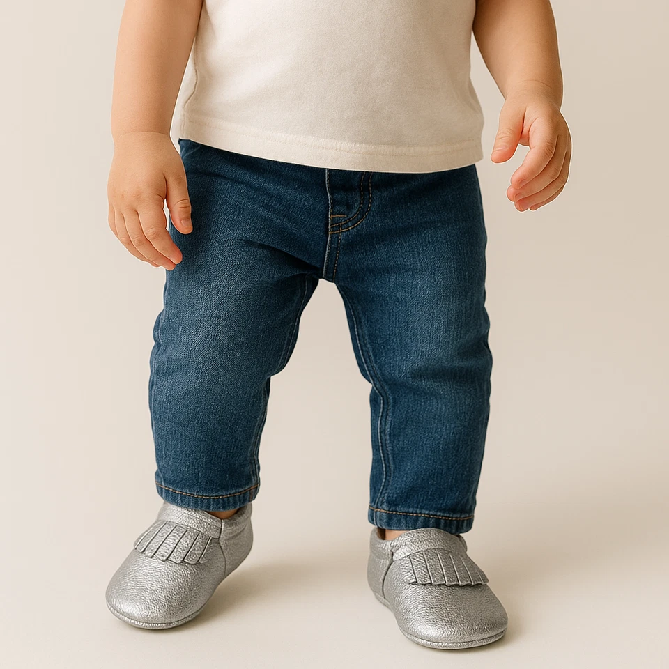 Mocasines de bebé de cuero genuino plateado nuevos con etiquetas - 6-12 meses Foto 3 de 4