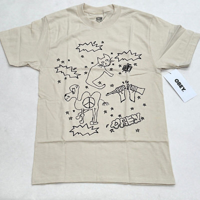Obey Men's T-Shirt Cat and Camel Cream Size S NWT Peace Shepard Fairey