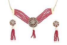 Pearls Choker Necklace With Earring Set For Women and Girls Red