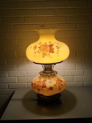 ANTIQUE VTG XL GWTW LAMP FLORAL ELECTRIC 3 WAY YELLOW BROWN CREAM