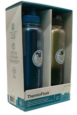 ThermoFlask Stainless Steel Water Bottle, 40 oz, 2-Pack (Silver/Blue Brushed)