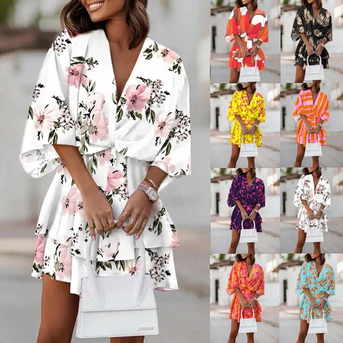 Womens Boho Floral Ruffle Dress Summer Holiday Beach V Neck Mini Dresses Size 16 - Picture 2 of 32