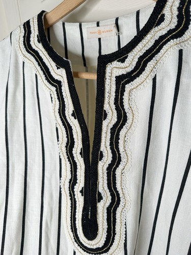 Tory Burch Tory Tunic In Ivory Black Filipa Rayon Slub Stripe New Size 10 - Picture 2 of 14