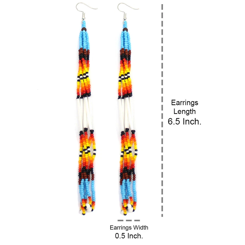 Pendientes colgantes de gancho extra largos hechos a mano con cuentas azul cian blanco Foto 2 de 3