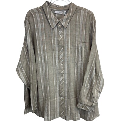 Susan Graver Linen Blend Tan Striped Button up Shirt 2X Vacation Resort Cruise