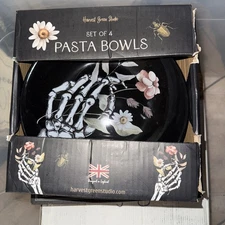 Set Of 4 New in Box Harvest Green Studio Skeleton Flower Bug Pasta Bowls