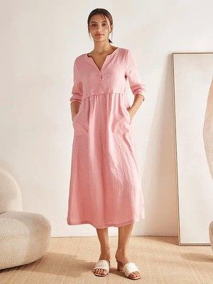 #ad 100% Linen Loose Fit Button Waist Gathered Maxi Dress $58.54